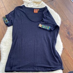 Navy Blue Embellished Sleeve Top